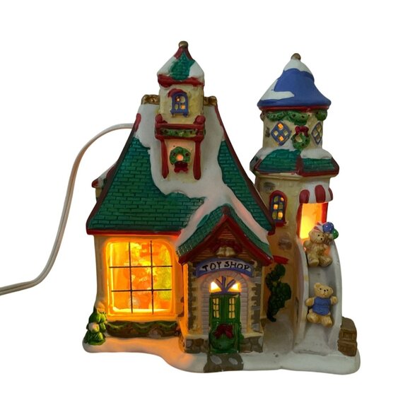 Vintage Enchanted Christmas Village Toy Shop Village Scene Lighted Window Scene - Picture 2 of 12
